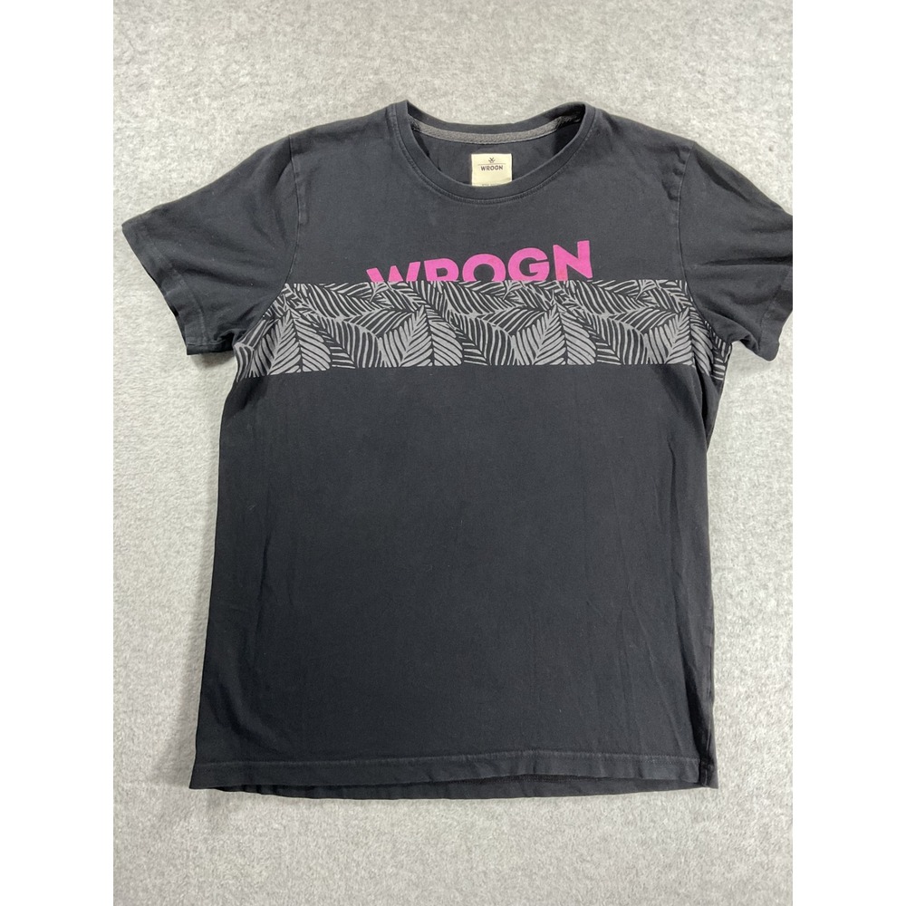 Wrogn Mens Graphic T-Shirt Black Pink Logo Tropical Leaf Print Size Medium 2150